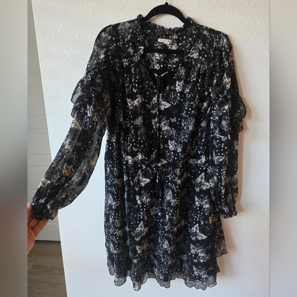 Cato Black and White Floral Butterfly Tie-Neck Dress